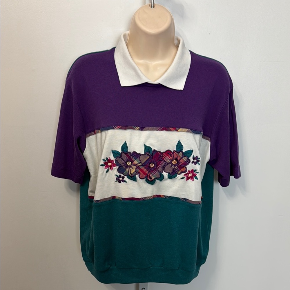 Vintage Jantzen  Colorblock Polo Shirt with Floral Embroidery Women Size M Y2K